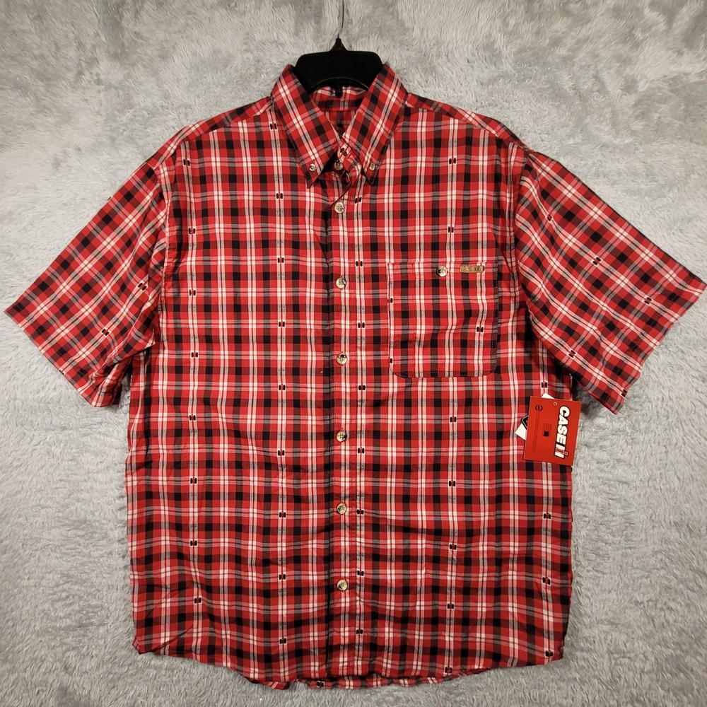 Case IH Button Down Mens Large Red Plaid Short Sleeve IH Logo Hidden